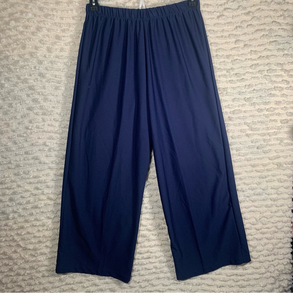 WOMANS WIDE LEG PANTS 12P NAVY BLUE ELASTIC WAIST PULL ON NAUTICAL PREPPY